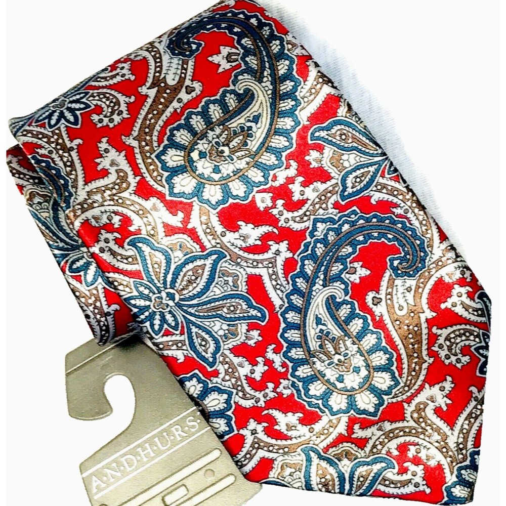 Andhurst Vintage Tie Metallic Shiny Paisley Floral Red Silver Blue Preppy USA